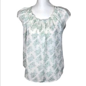 Lauren Conrad Pleat Neck Keyhole Tie Back Top Floral Green White EUC Sz Sm